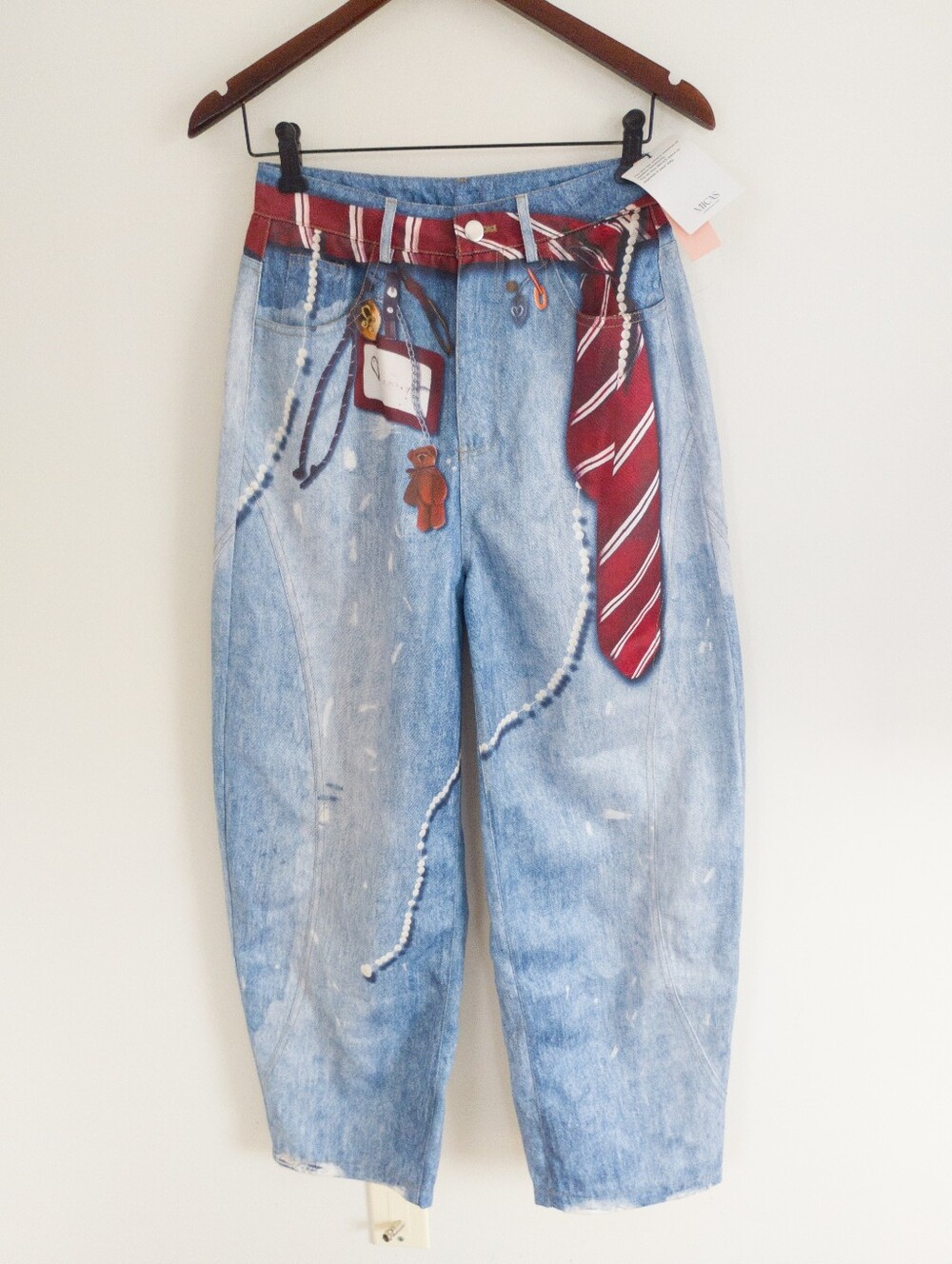 MICAS Denim Illusion Print High Waist Jeans Trompe L'oeil Barrel Pants XS NWT